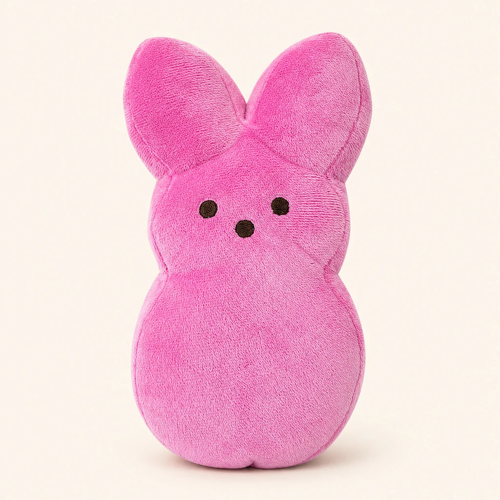 Peluche lapin de Pâques rose style Peeps, vue de face, environ 15 cm, fond ivoire