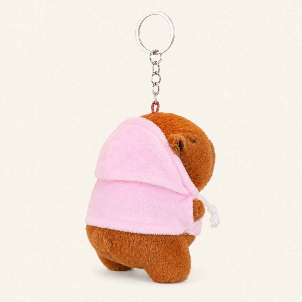 Peluche porte-clés capybara à capuche rose, vue de dos