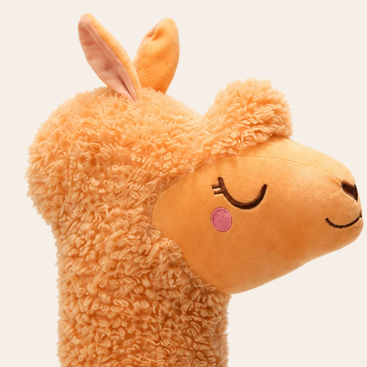 Gros plan sur le visage et la laine bouclée de la peluche alpaga