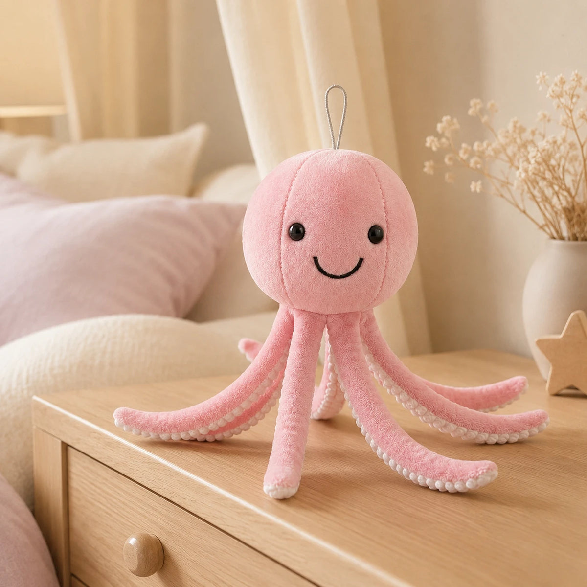 Peluche pieuvre rose posée sur une commode dans une chambre