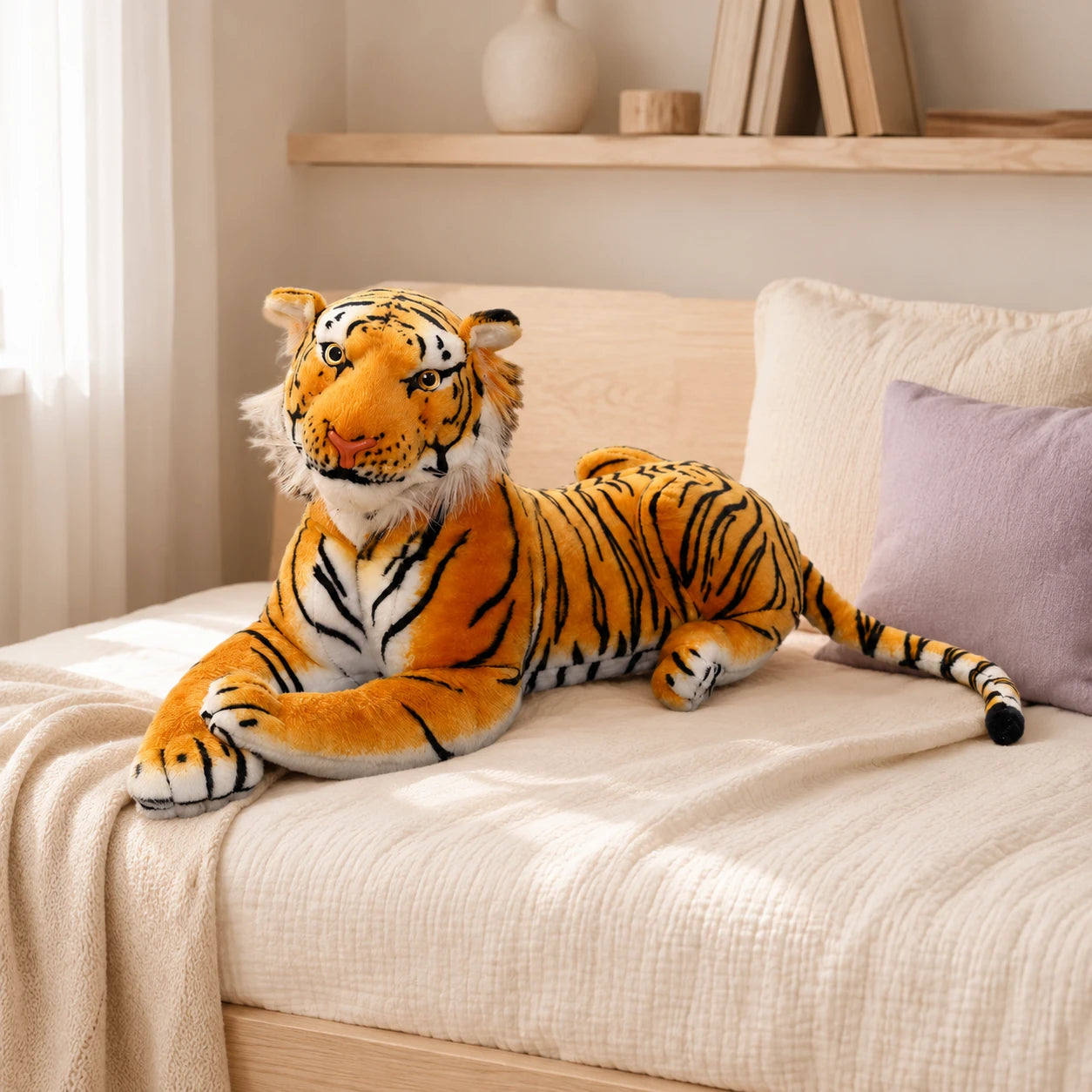 Peluche tigre brun posée sur un canapé douillet