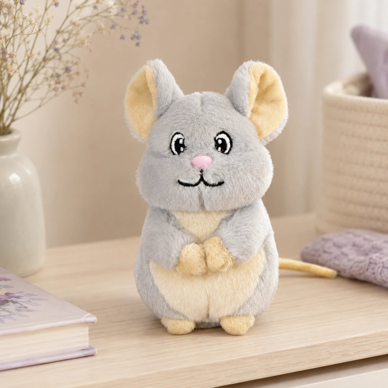 Peluche souris posée sur un bureau en bois dans une ambiance douce et cosy