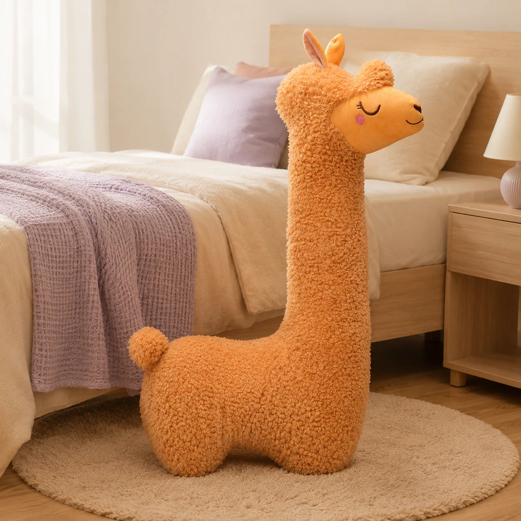 Grande peluche alpaga posée au pied d'un lit dans une chambre douce