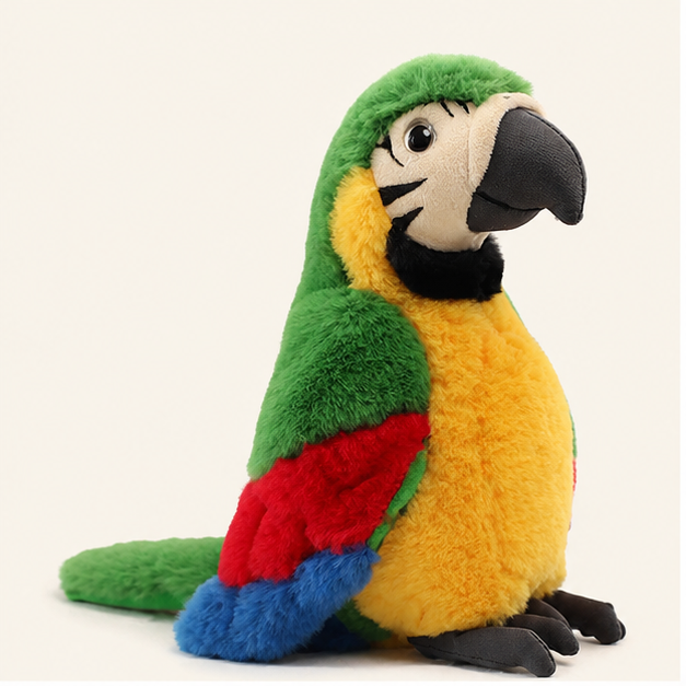 Peluche perroquet ara vert et jaune, vue principale sur fond ivoire