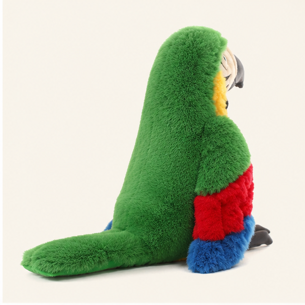 Peluche perroquet ara vert et jaune, autre angle, fond ivoire