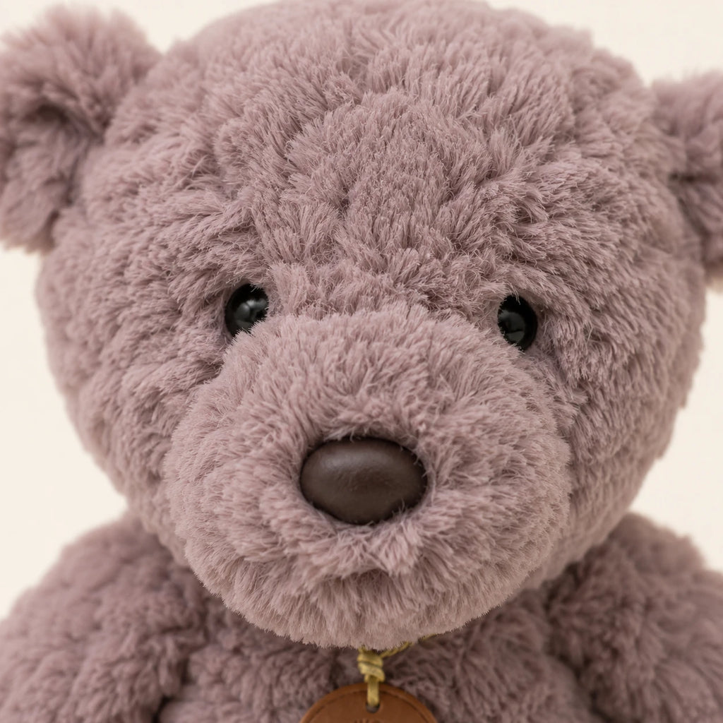 Gros plan sur le visage et la fourrure bouclée de la peluche ours