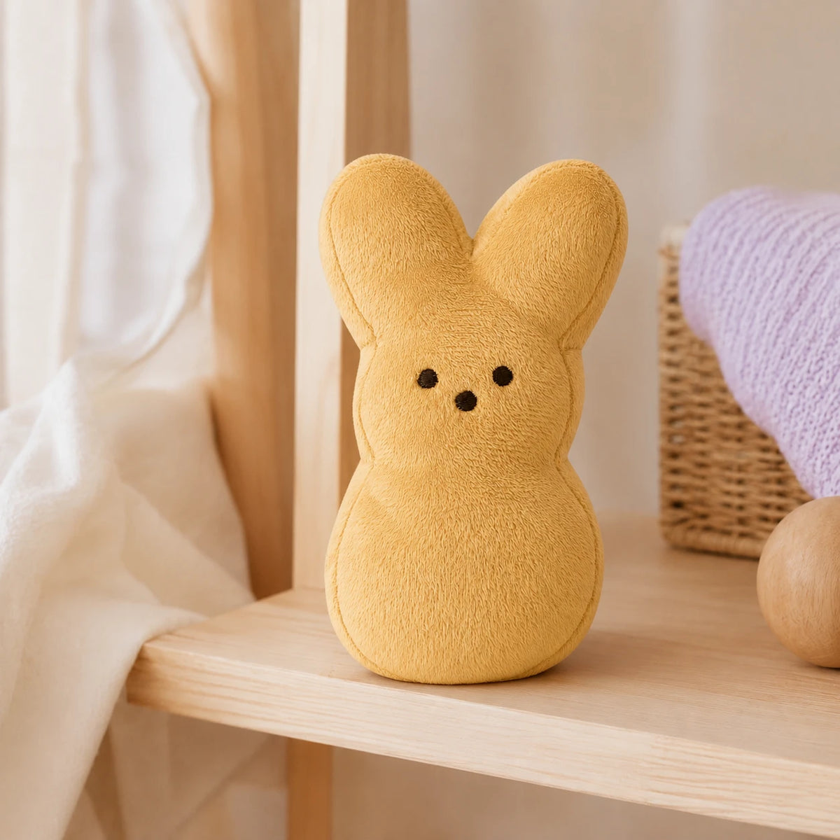 Peluche lapin de Pâques beige en situation dans un intérieur cosy