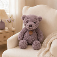 Peluche ours gris installée dans un fauteuil crème d'une chambre lumineuse