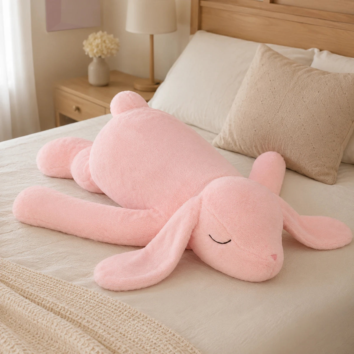 Peluche lapin géant rose en situation sur un lit