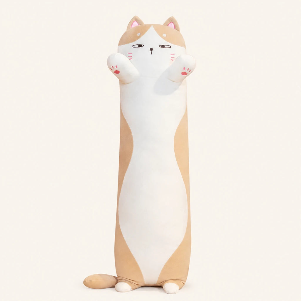 Coussin long peluche chat roux et blanc, vue principale sur fond ivoire