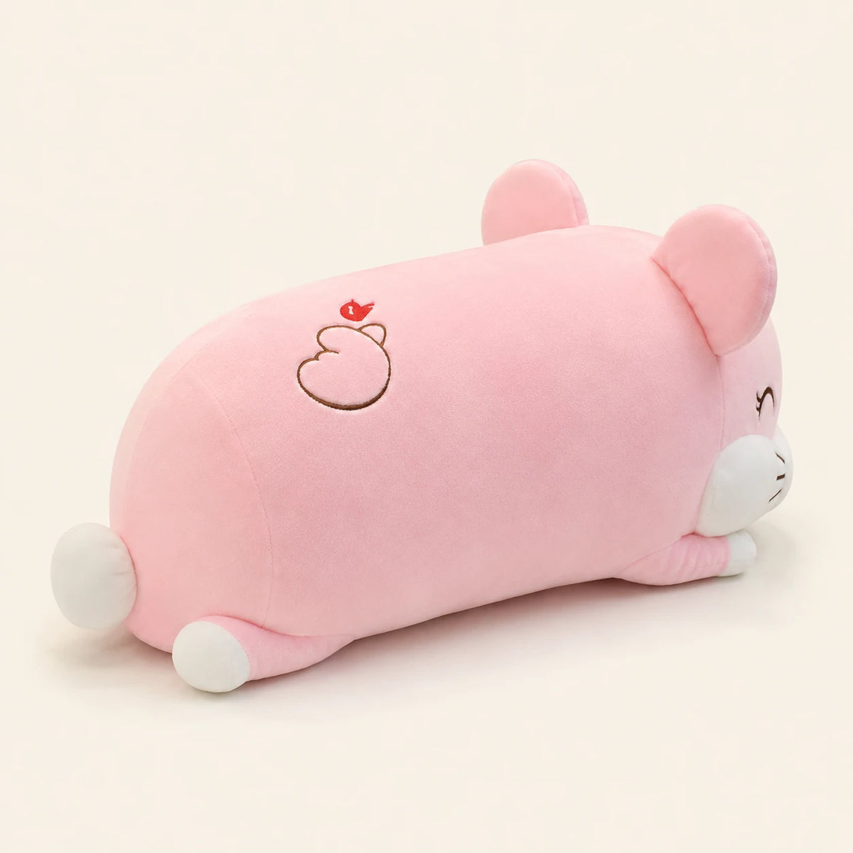 Coussin peluche rose vu de dos