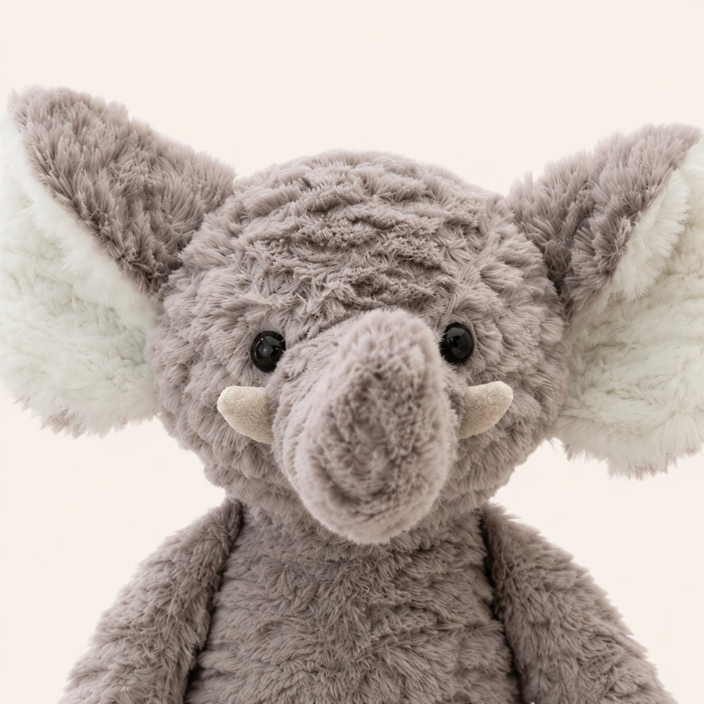 Peluche éléphant longues pattes 37 cm, gros plan sur le visage
