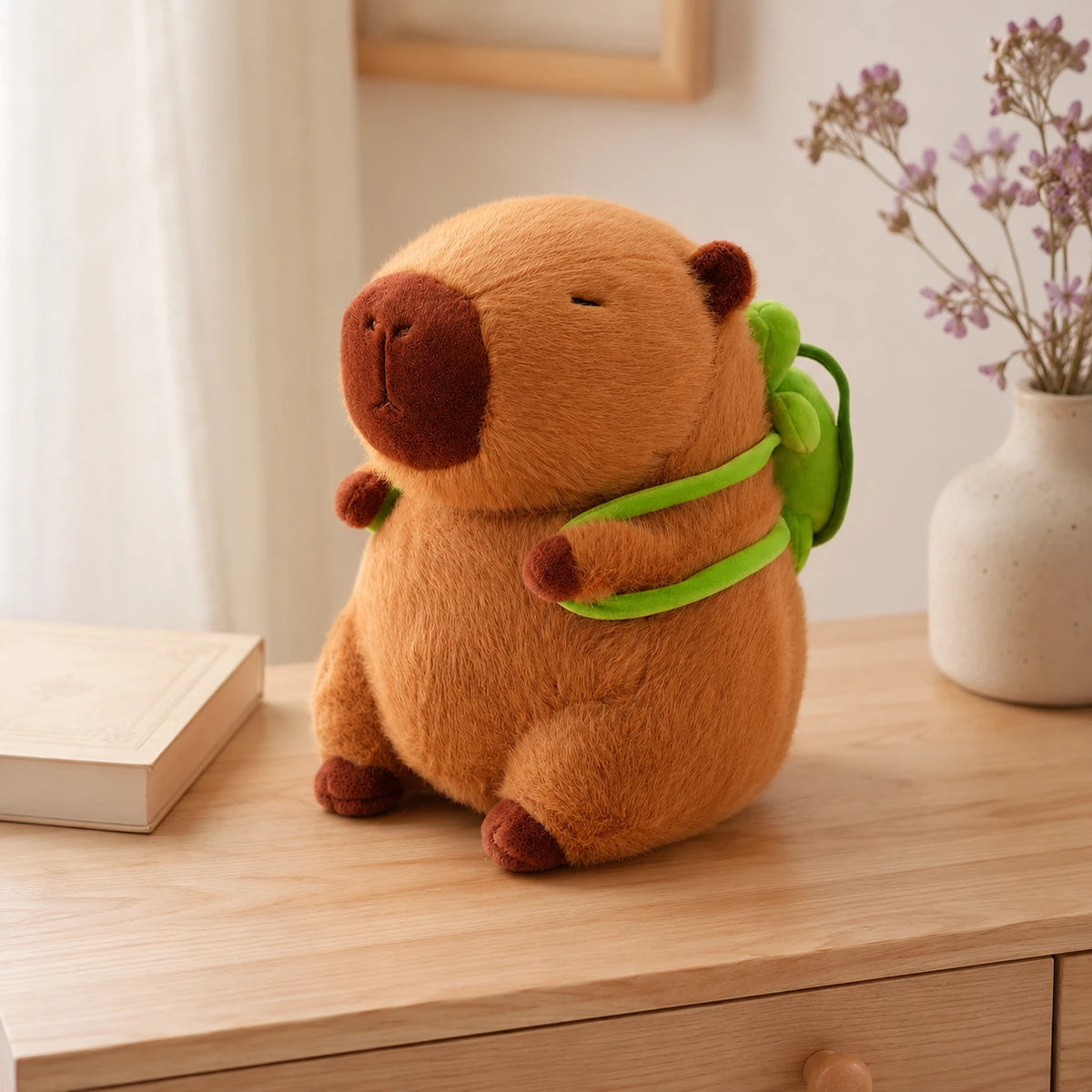 Peluche capybara en situation dans un intérieur cosy