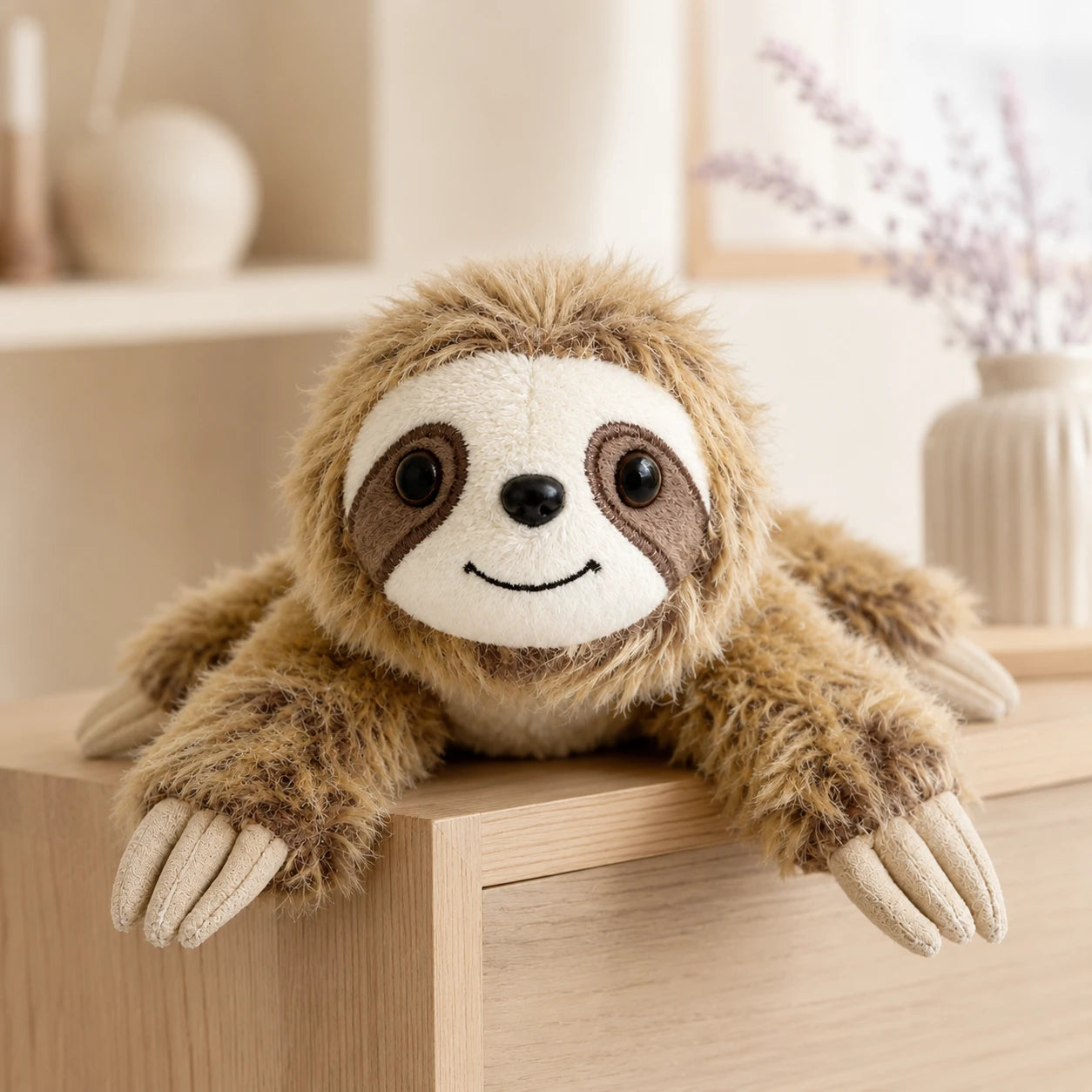Peluche paresseux posee sur une etagere, mise en situation cosy