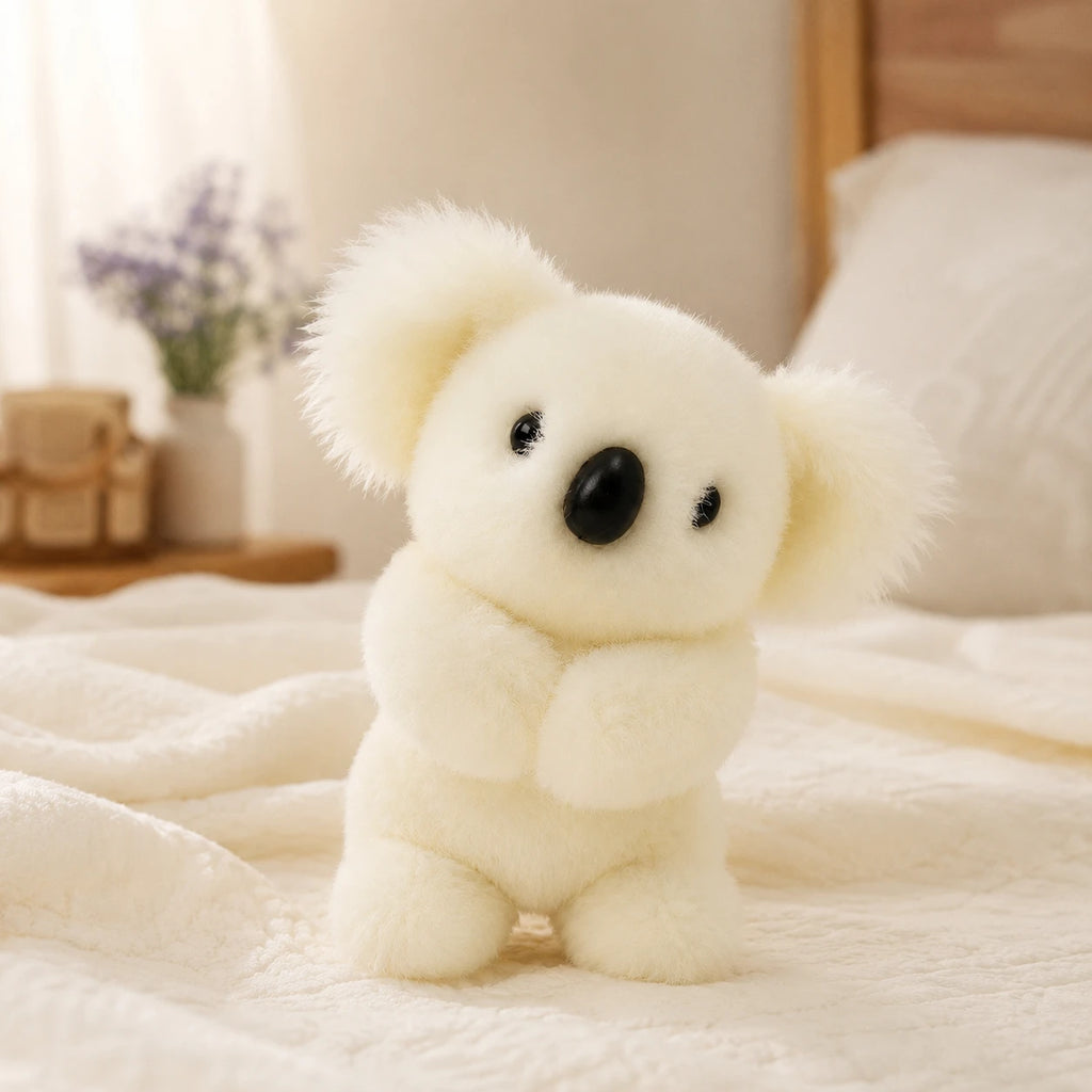 Peluche koala blanche posée sur un lit douillet