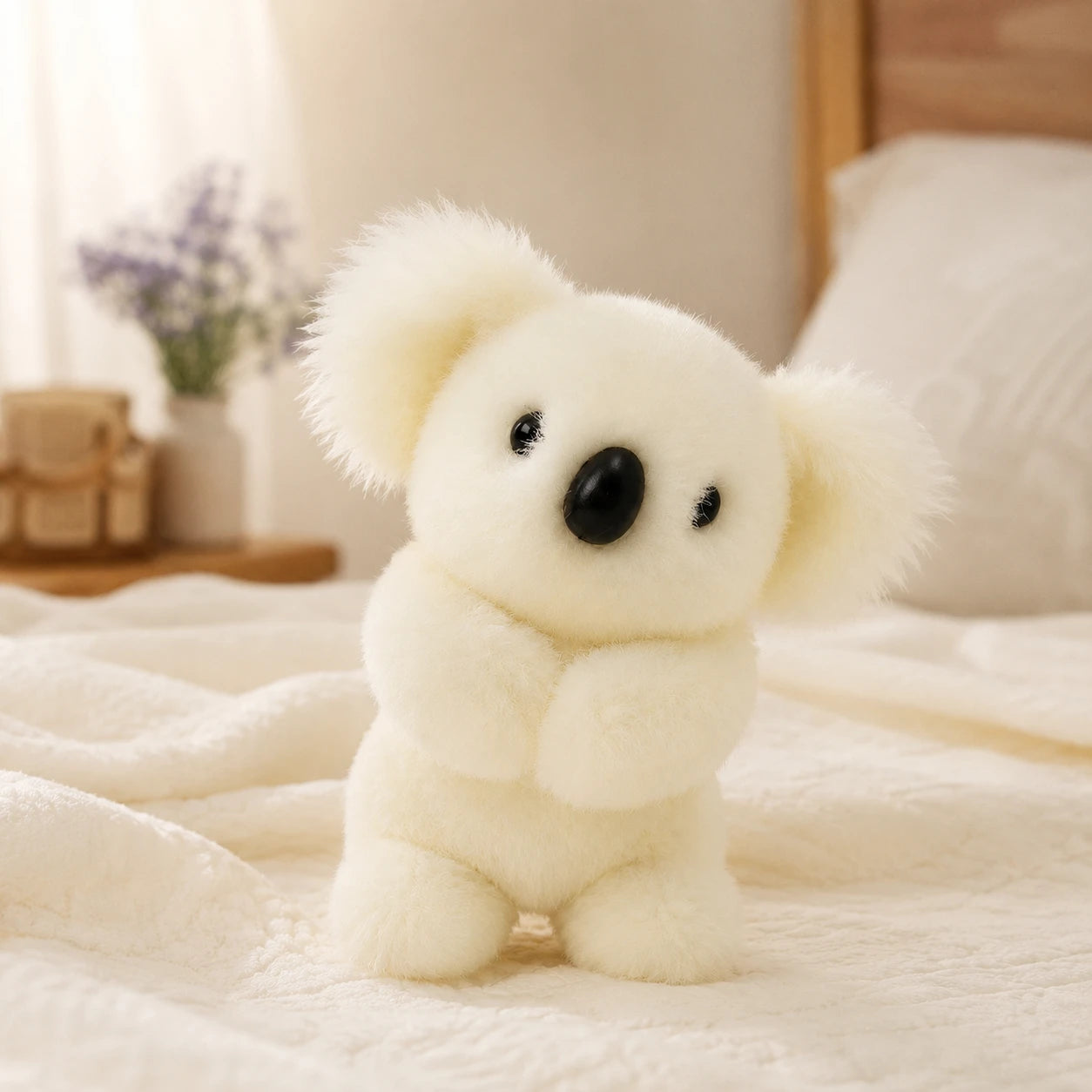 Peluche koala blanche posée sur un lit douillet