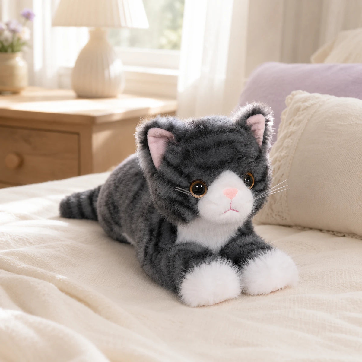 Peluche chat réaliste gris tigré - mise en situation