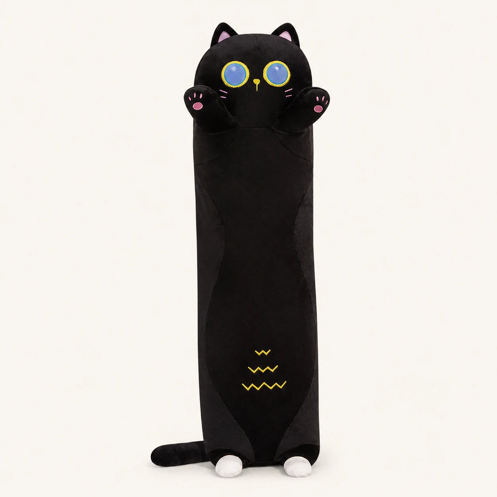Long coussin peluche chat noir, vue principale sur fond ivoire