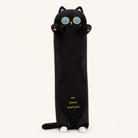 Long coussin peluche chat noir, vue principale sur fond ivoire