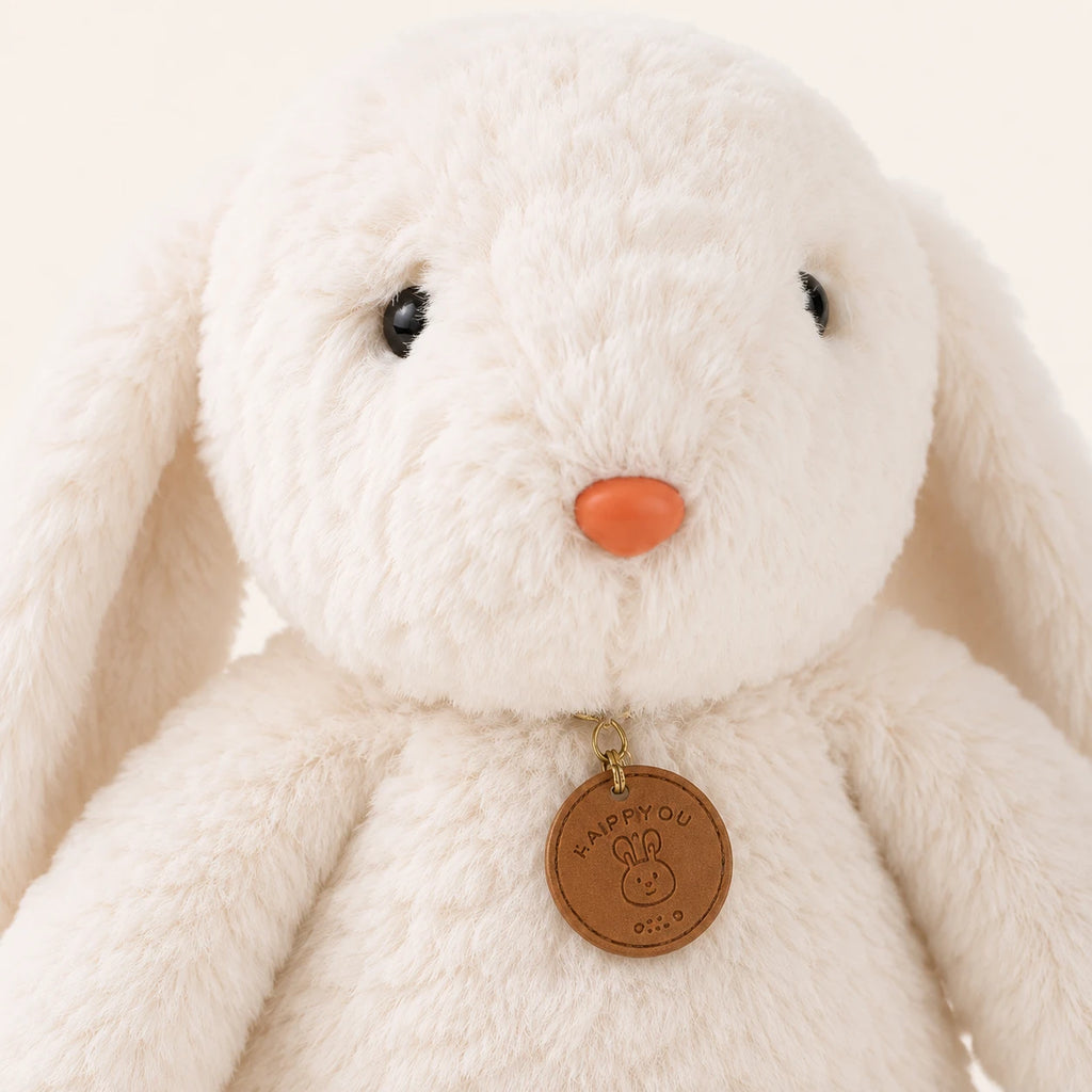 Peluche lapin blanc longues pattes 35 cm, gros plan sur le visage