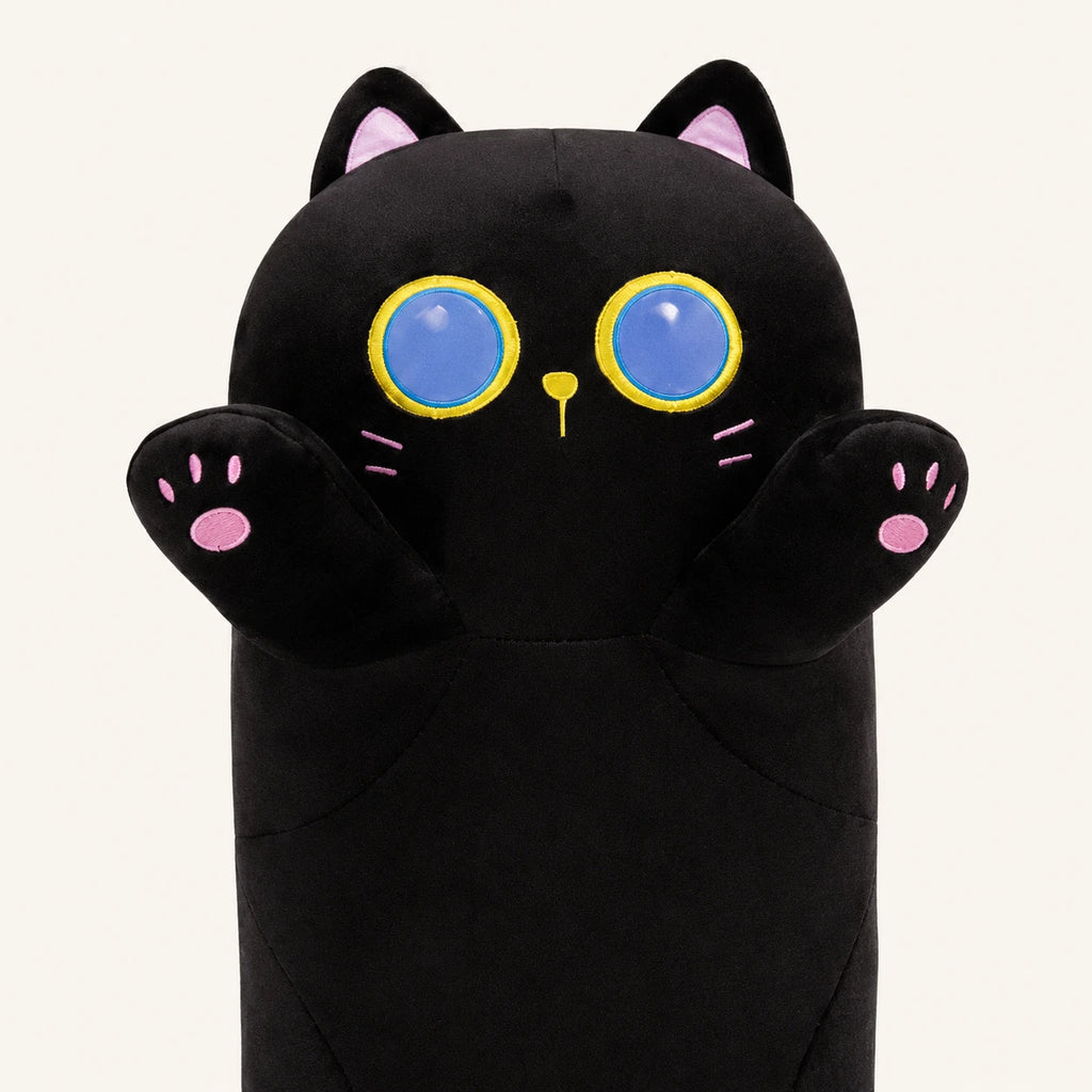 Gros plan sur le visage et les grands yeux du coussin chat noir