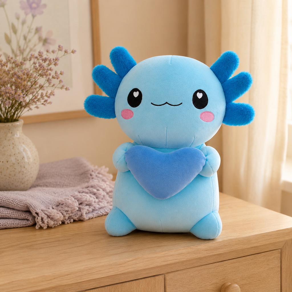 Peluche axolotl bleu en situation sur une commode