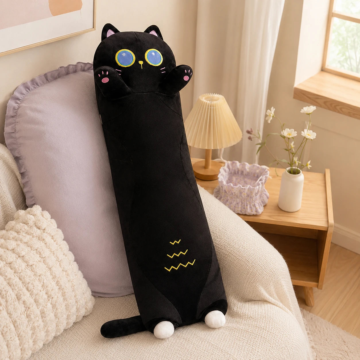 Long coussin peluche chat noir posé sur un canapé clair