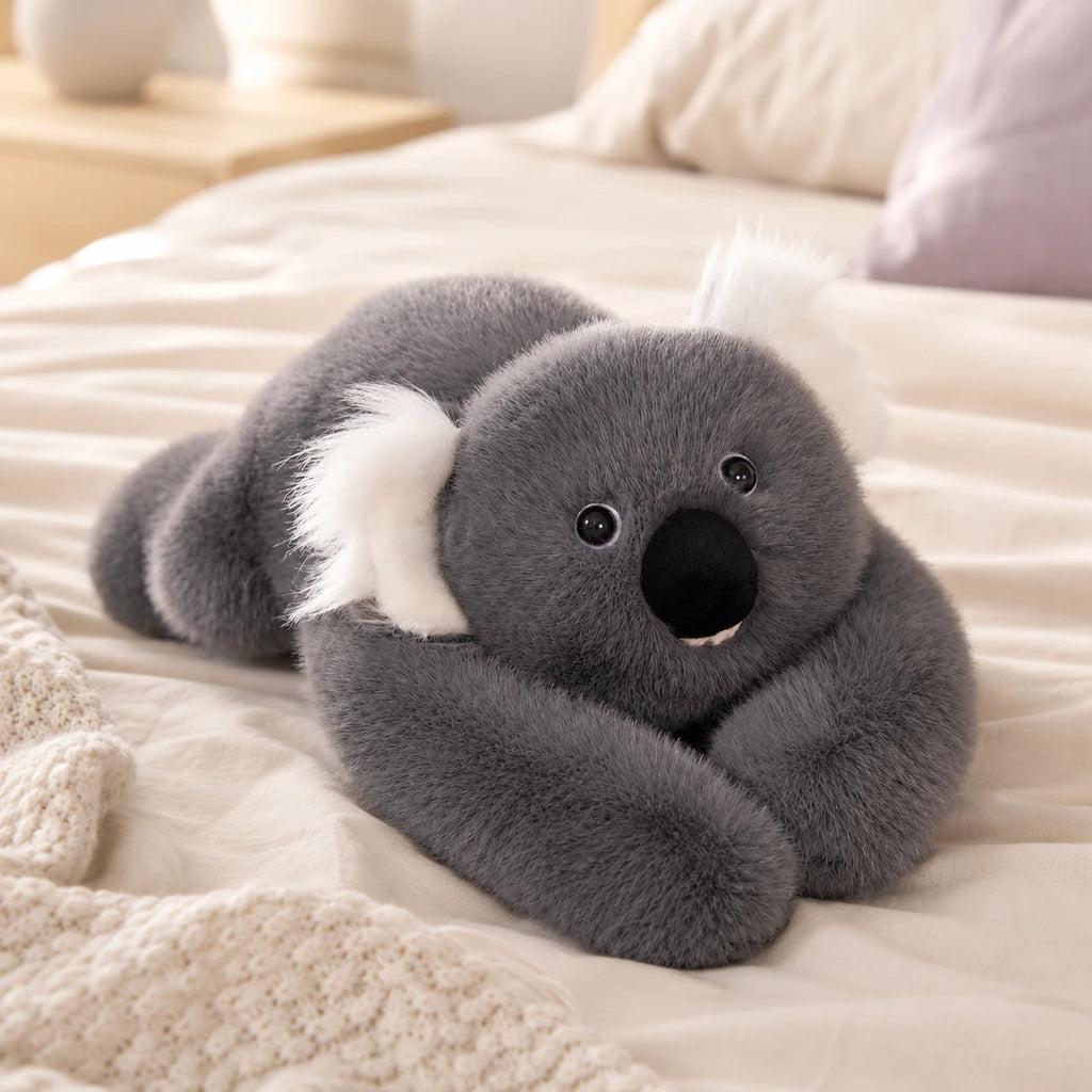Peluche koala grise allongée sur un lit douillet