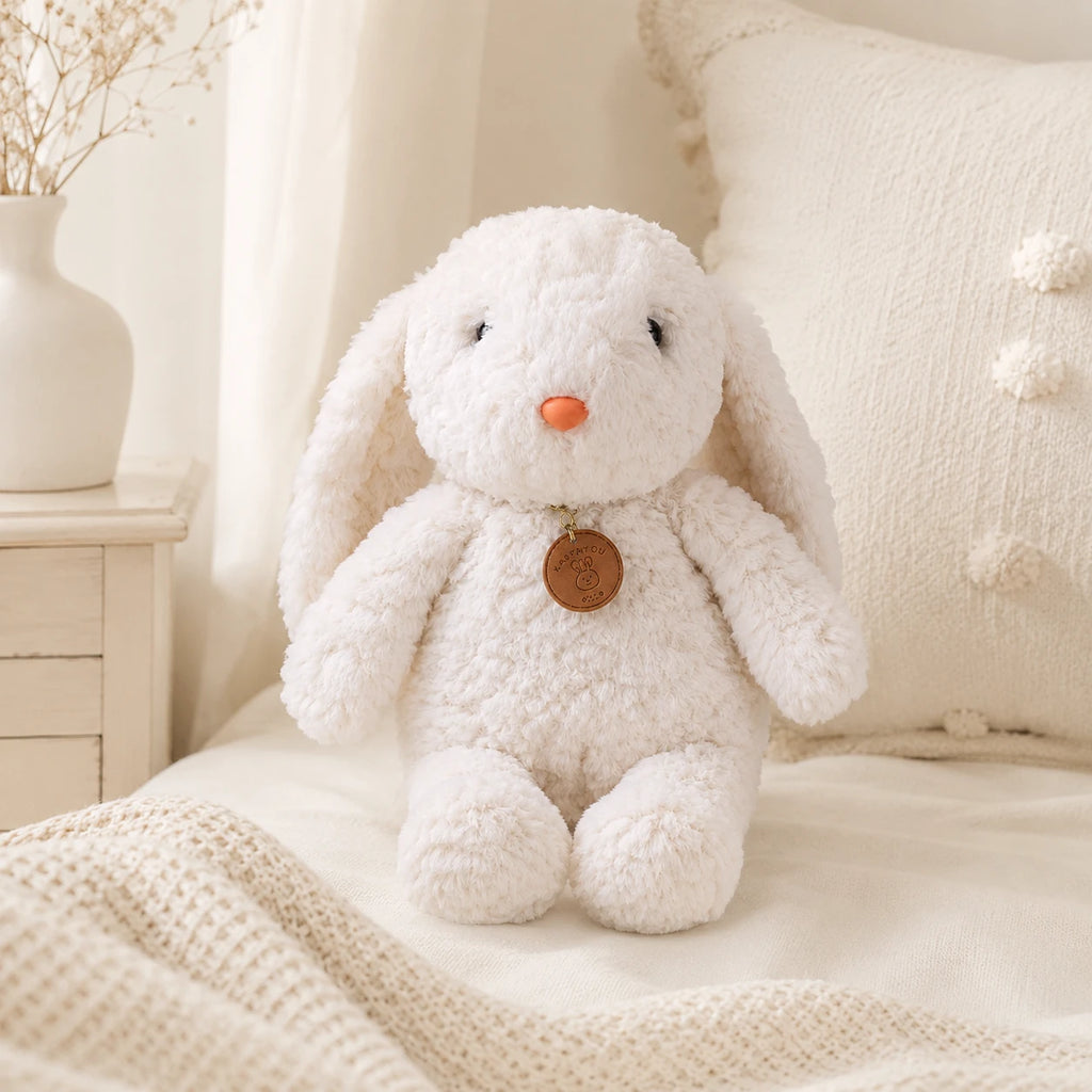 Peluche lapin blanc longues pattes 35 cm posée sur un lit