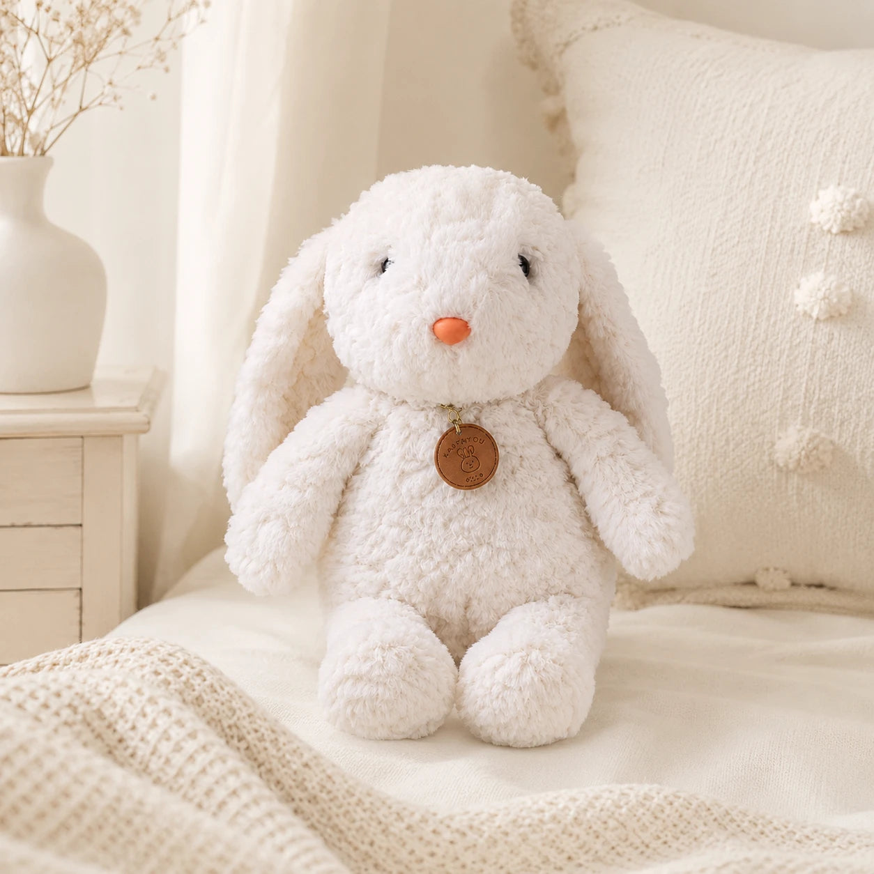 Peluche lapin blanc longues pattes 35 cm posée sur un lit