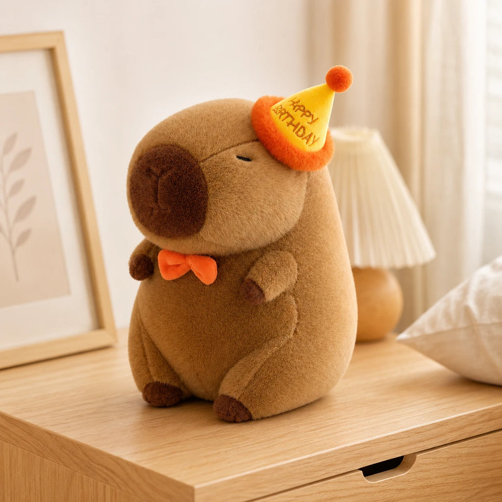 Peluche capybara avec chapeau d'anniversaire en situation dans un intérieur cosy