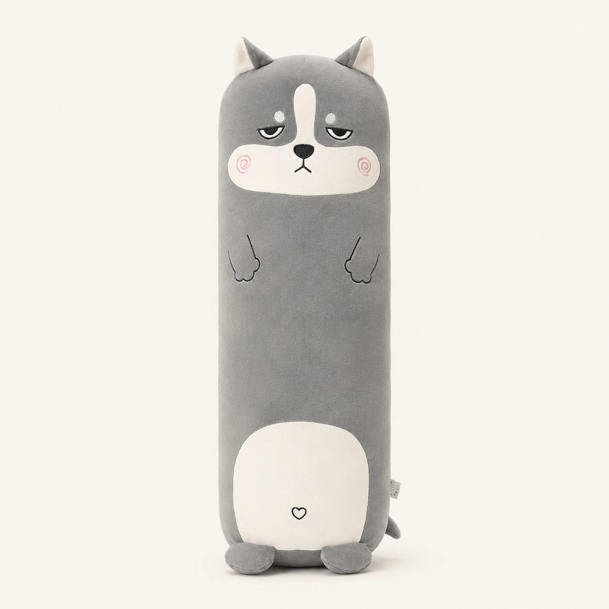 Coussin long peluche husky gris, vue principale sur fond ivoire