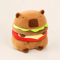 Peluche capybara hamburger, vue de face, environ 30 cm, fond ivoire