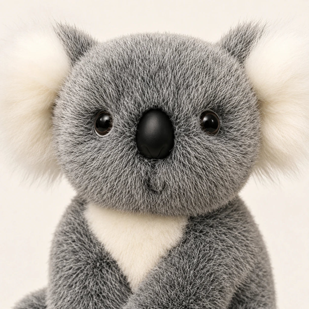 Gros plan sur le visage de la peluche koala grise