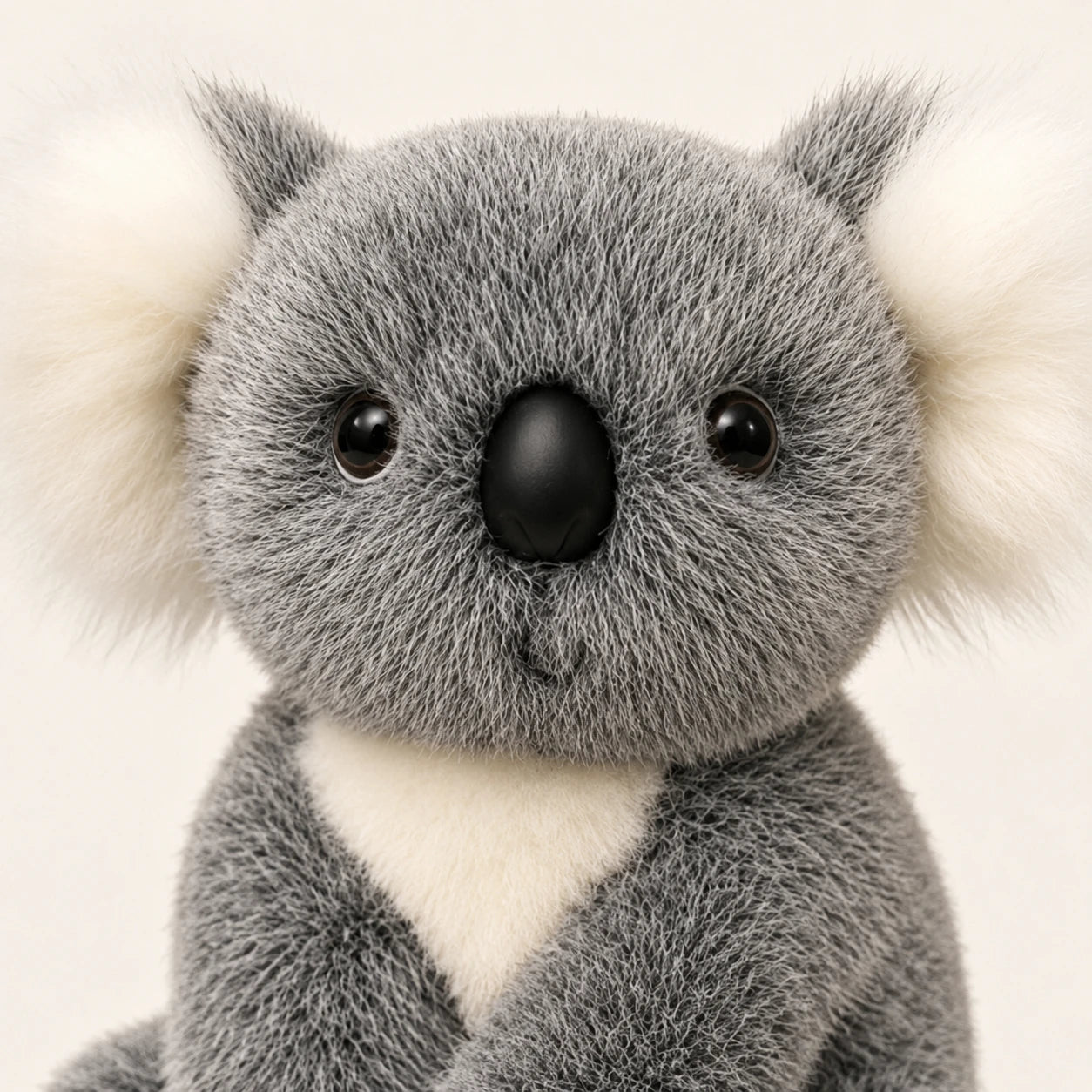 Gros plan sur le visage de la peluche koala grise