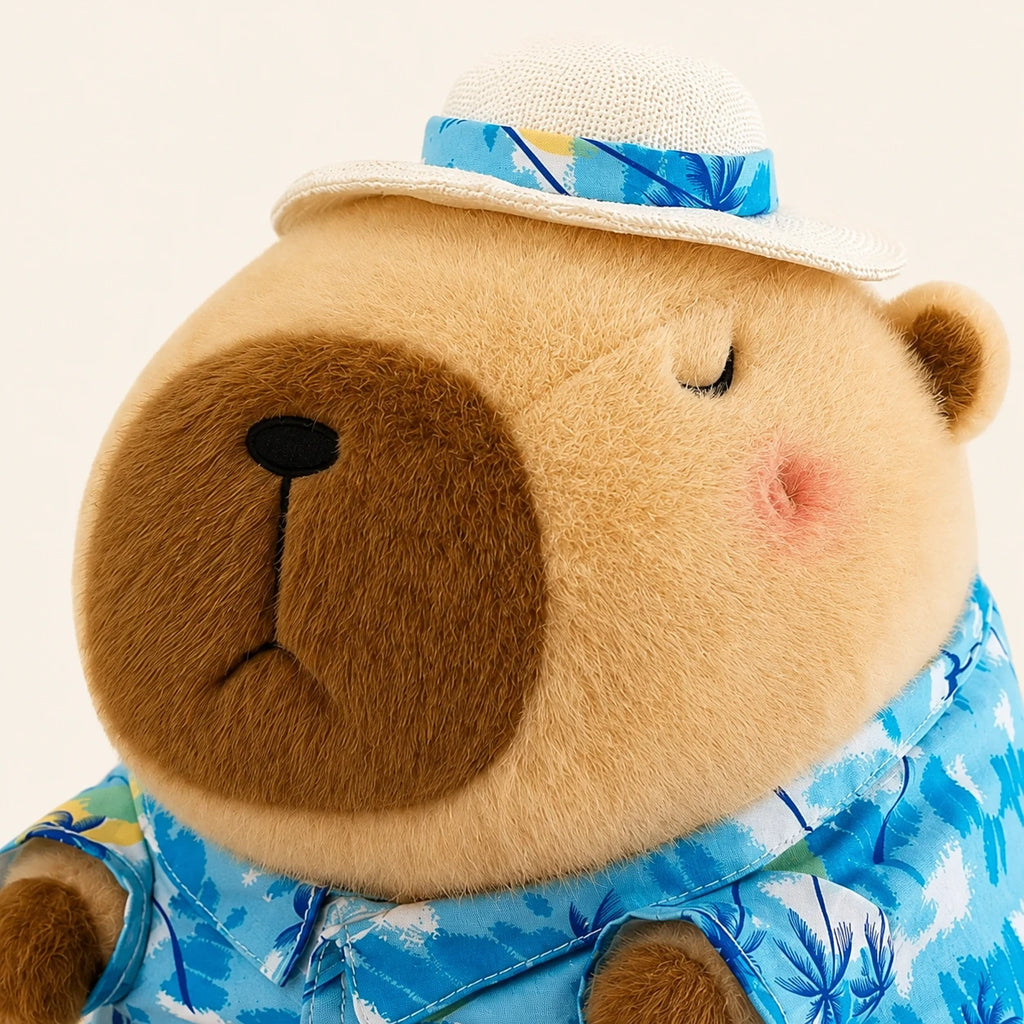 Peluche capybara marron, gros plan sur le visage et le chapeau