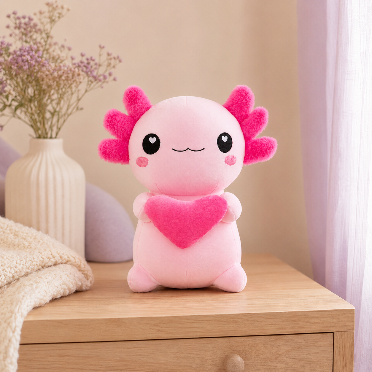 Peluche axolotl rose en situation sur une commode