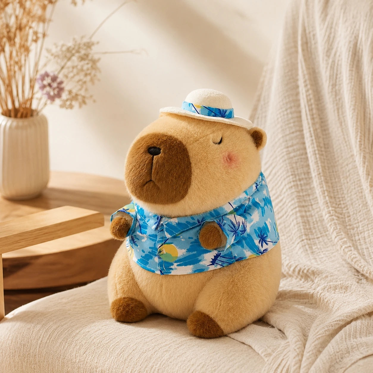 Peluche capybara marron en tenue estivale, mise en situation cosy