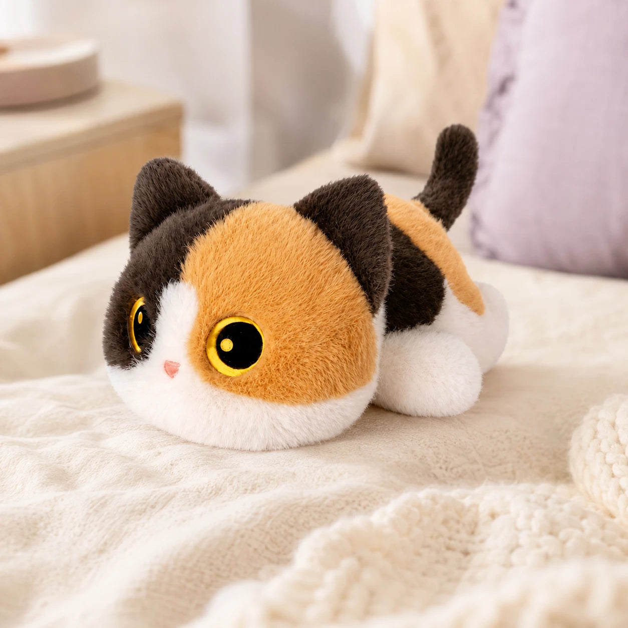 Peluche chaton tricolore posée sur un lit douillet