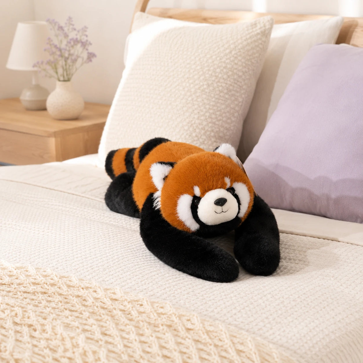 Peluche panda roux allongée sur un lit douillet
