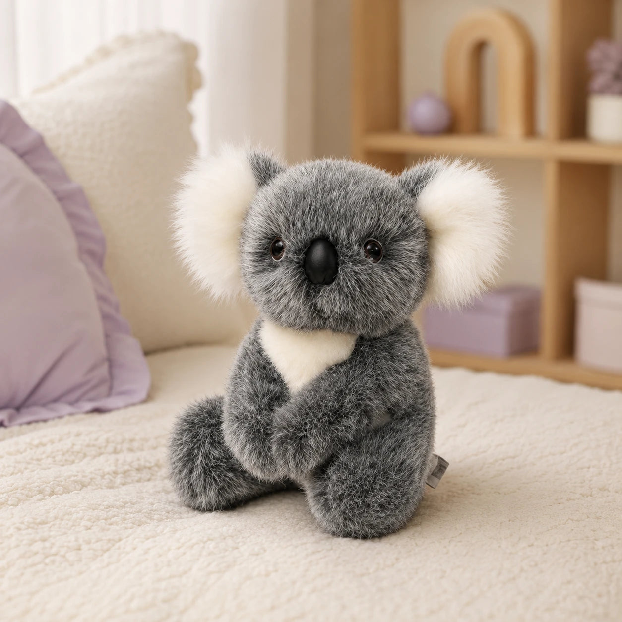 Peluche koala grise posée sur un lit douillet, ambiance chaleureuse