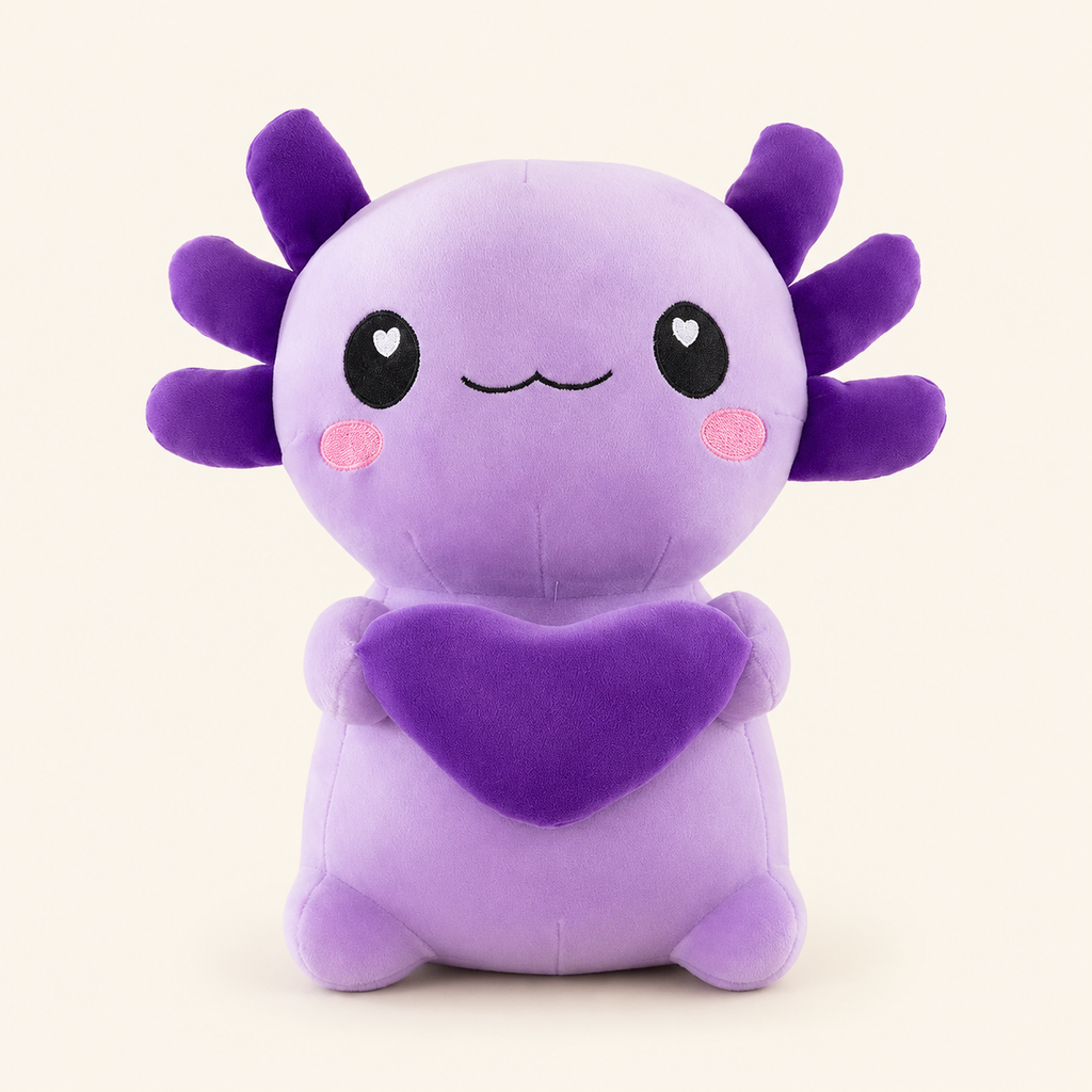 Peluche axolotl violet avec cœur, vue principale sur fond ivoire