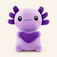 Peluche axolotl violet avec cœur, vue principale sur fond ivoire