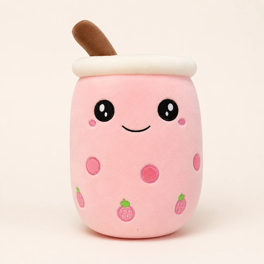 Peluche coussin bubble tea rose 24 cm, vue principale sur fond ivoire