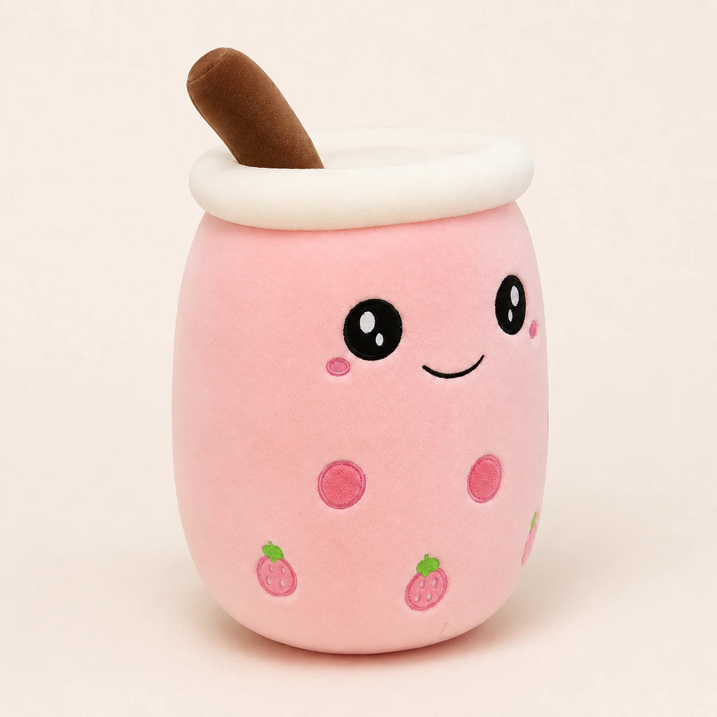 Peluche bubble tea rose vue de trois-quarts sur fond ivoire