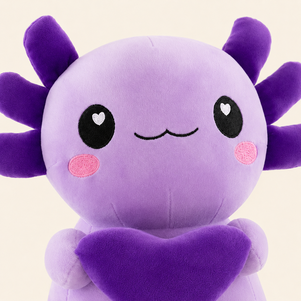 Peluche axolotl violet, détail du visage et des branchies