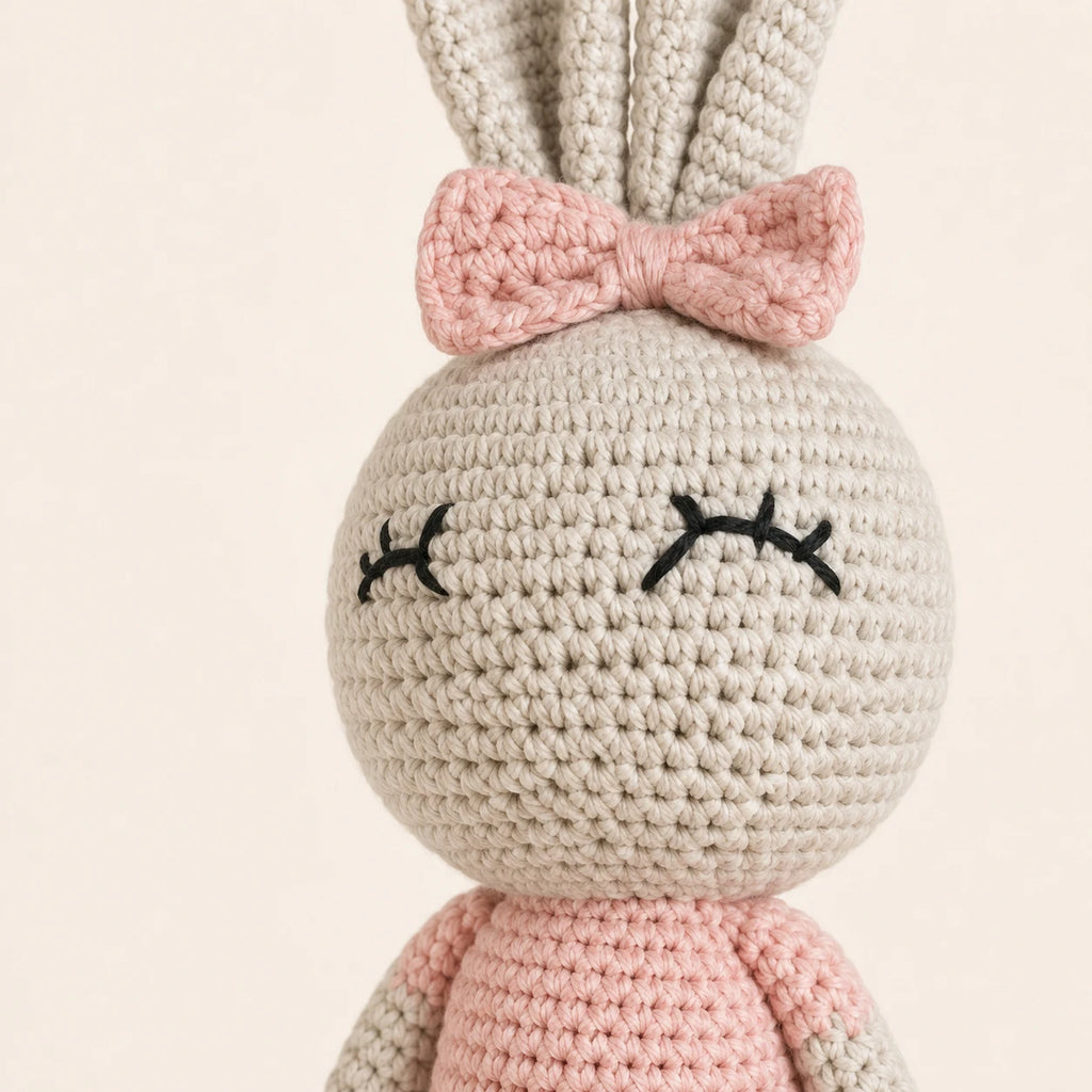 Gros plan sur le visage brodé et la maille crochetée du lapin