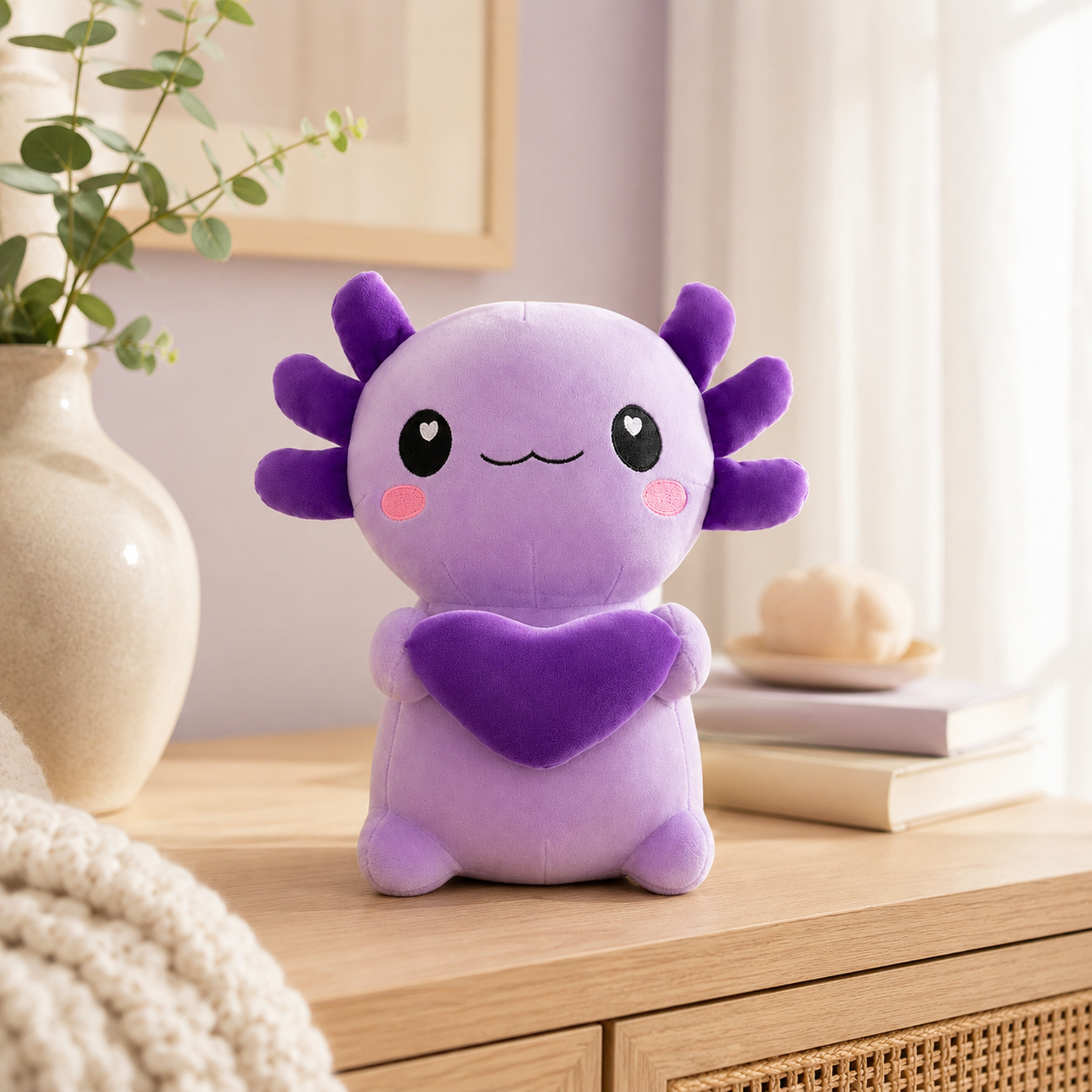 Peluche axolotl violet en situation sur une commode
