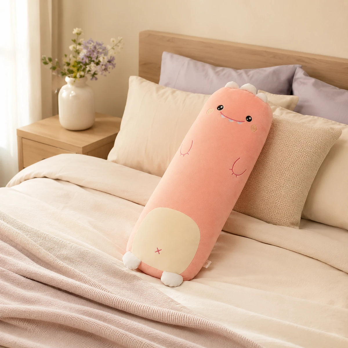 Coussin long peluche dinosaure rose pose sur un lit douillet