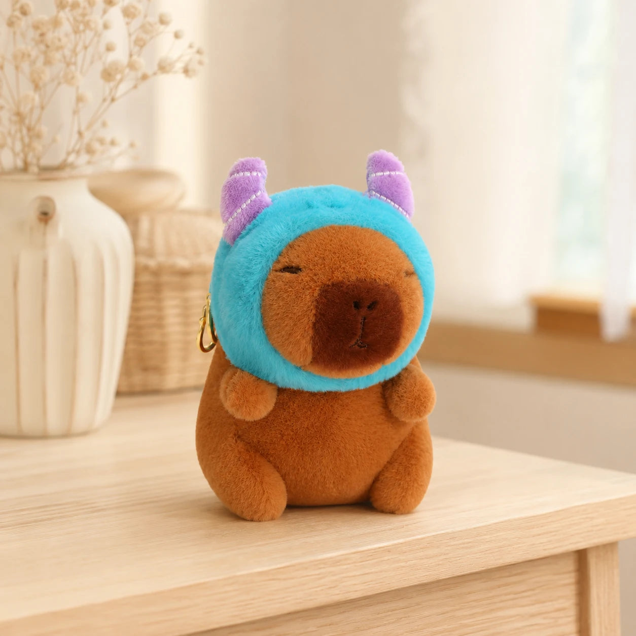 Peluche capybara au bonnet bleu posée sur une table, ambiance douce